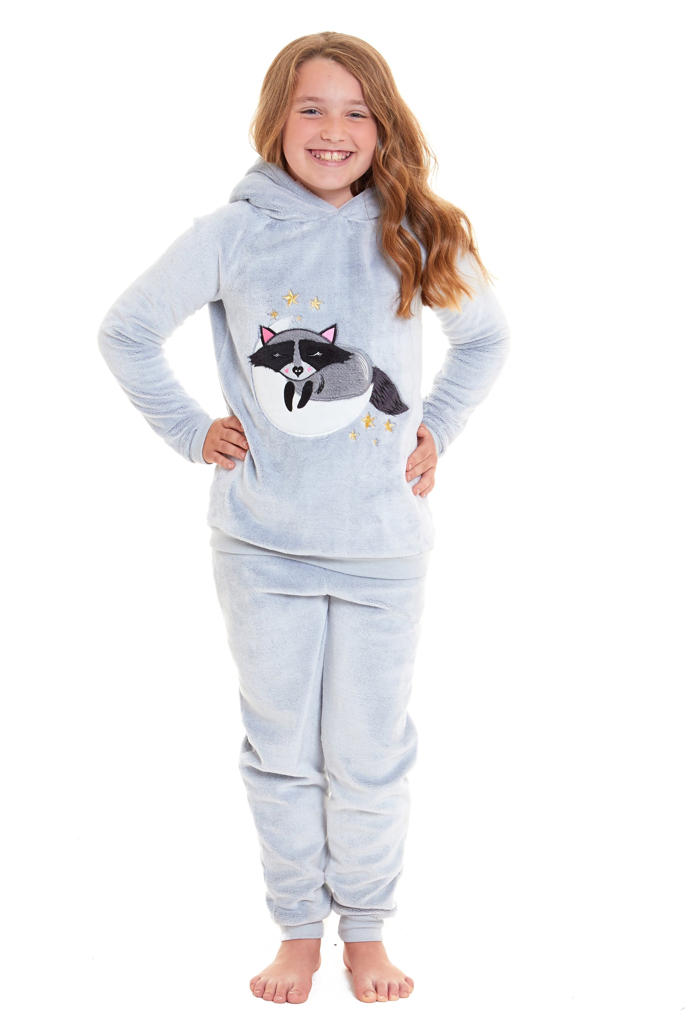 OLIVIA ROCCO Matching Mother Daughter Raccoon Fleece Hooded Pyjama Set With Sherpa Lining
