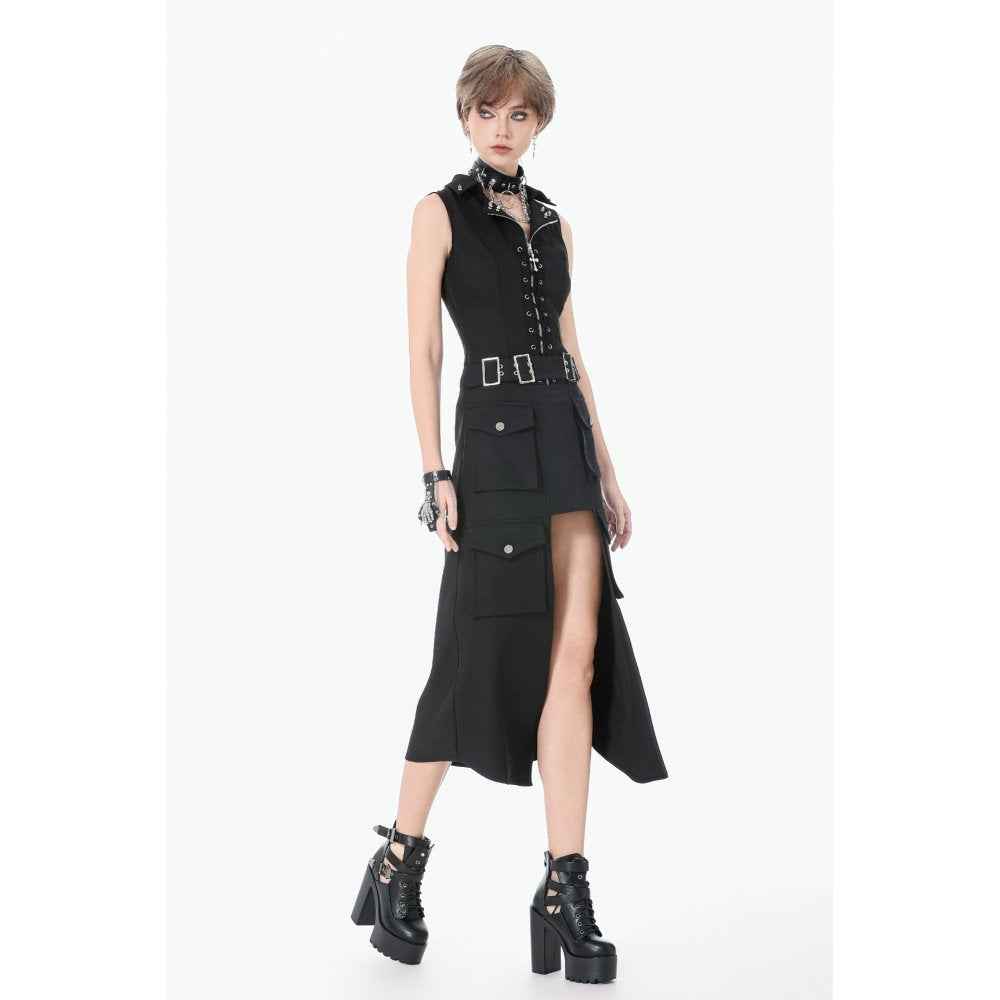 Dark in Love Punk Layered Pocket Cutout Belted Long Skirt