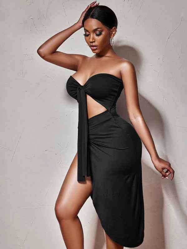 Women's Solid Color Strapless Wrap Front Tie Cutout Slit Midi Dress