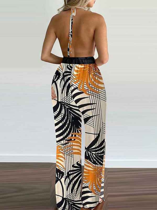 Women's Irregular Printed Halter Neck Jumpsuit