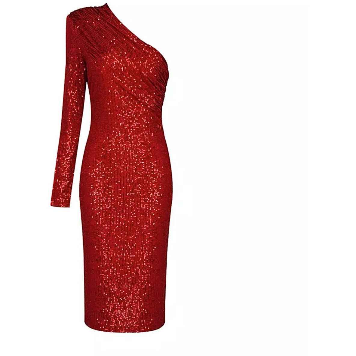 SAFFI Red One Shoulder Sequin Midi Dress