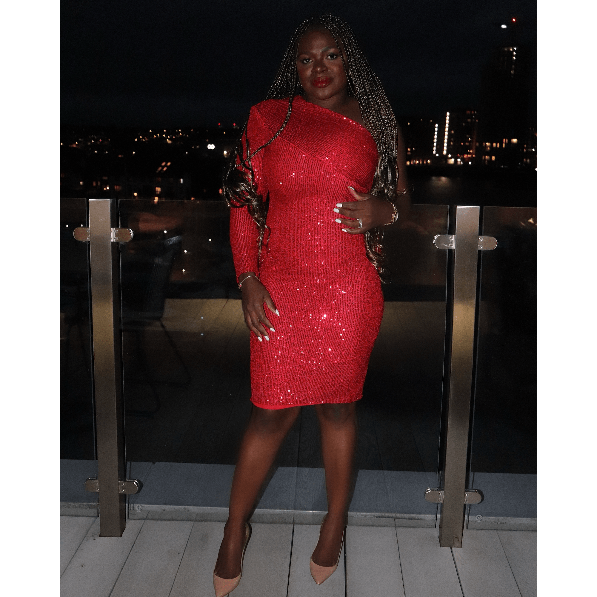 SAFFI Red One Shoulder Sequin Midi Dress