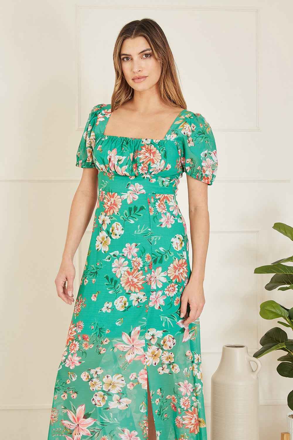 Yumi Green Recycled Floral Print Square Neck Maxi Dress With Split Hemline