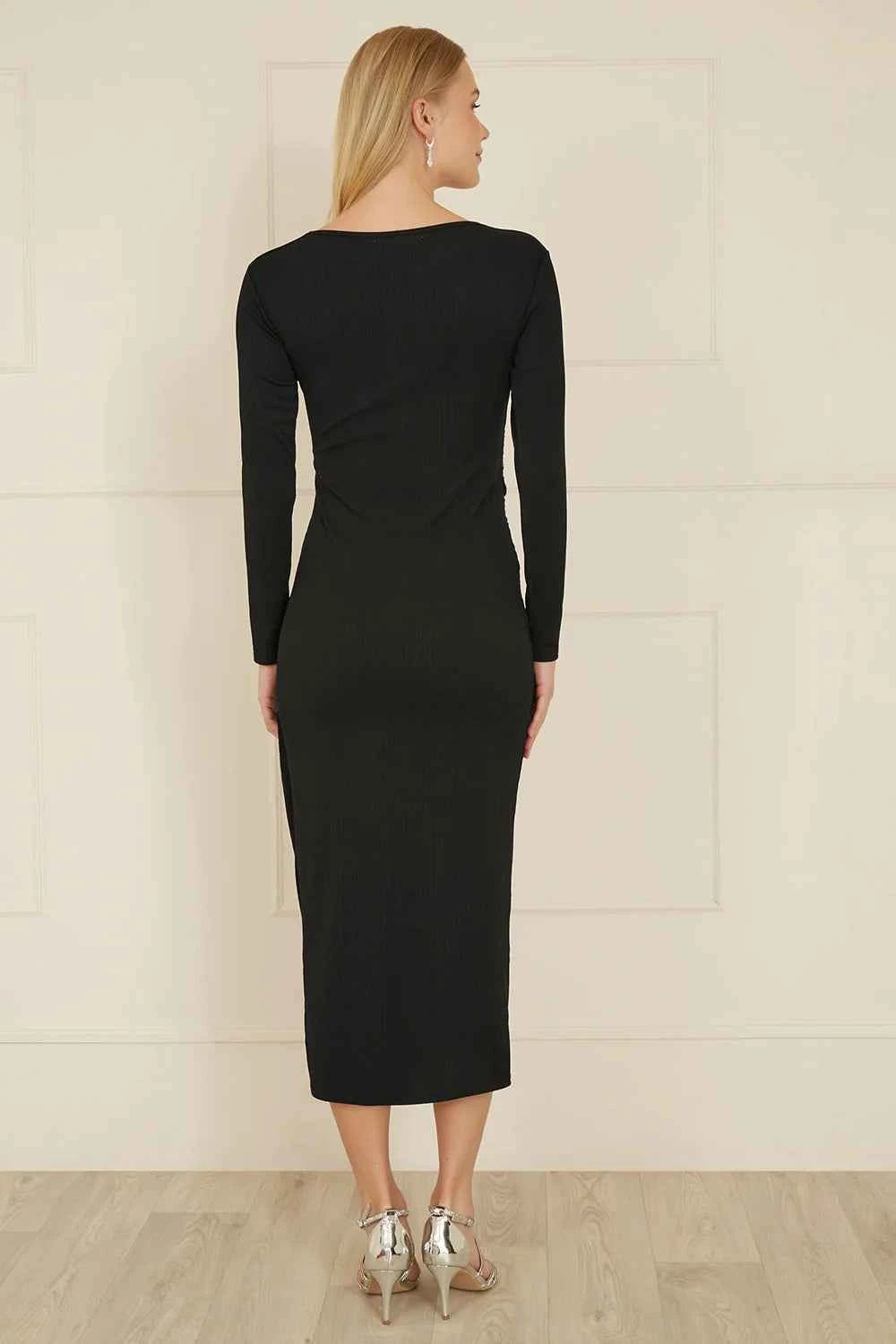 Yumi Black Midi Fitted Stretch Dress With Knot Detail