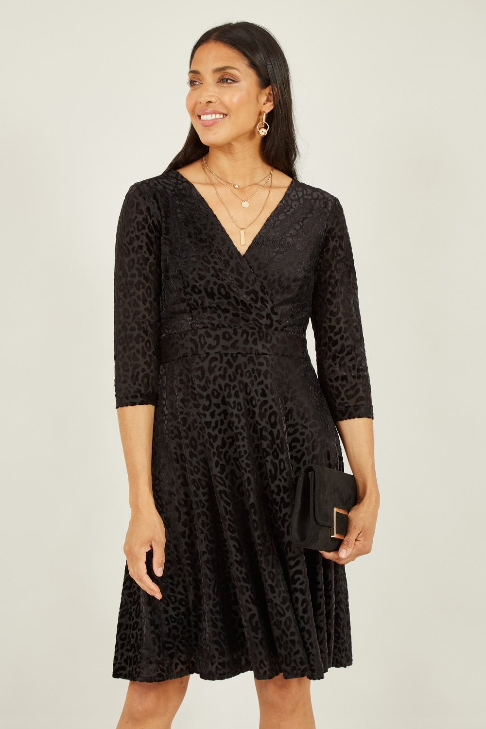 Mela Black Leopard Wrap Skater Dress