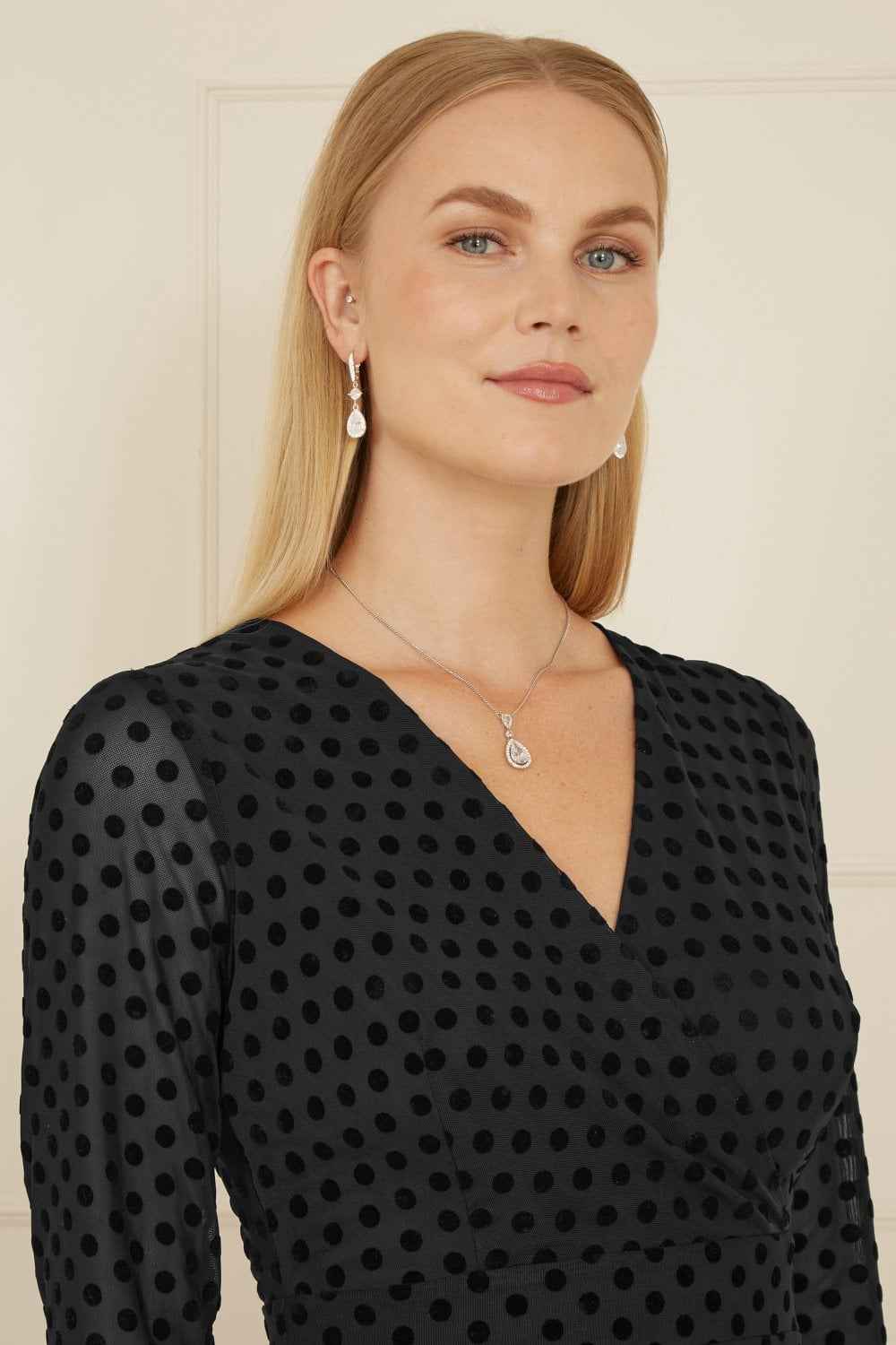Mela Black Velour Spot 3/4 Sleeve Wrap Skater Dress