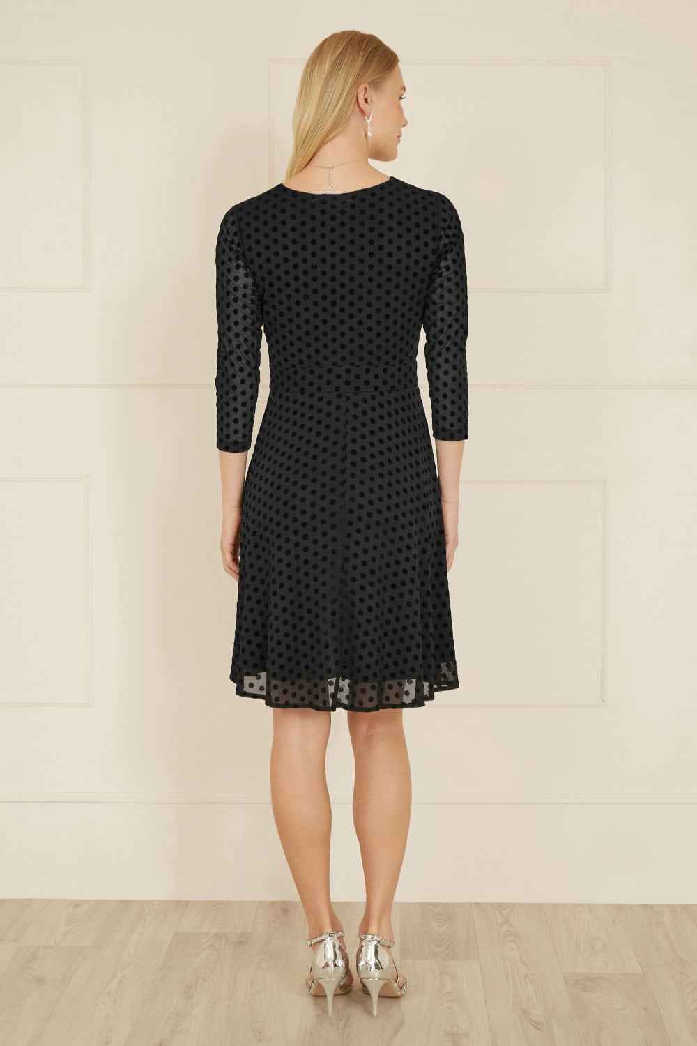 Mela Black Velour Spot 3/4 Sleeve Wrap Skater Dress
