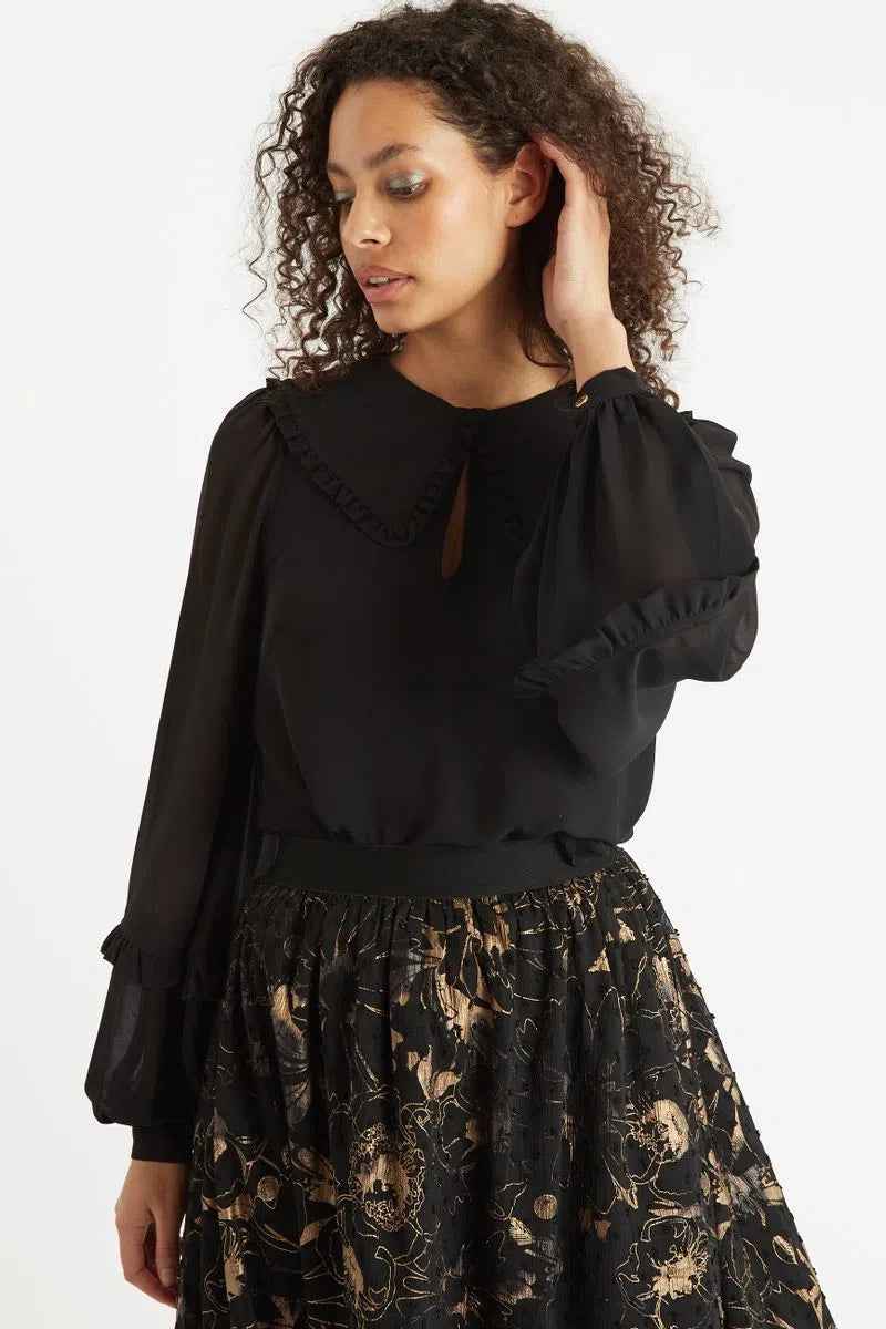 Louche Tuppence Statement Collar Long Sleeve Blouse Black