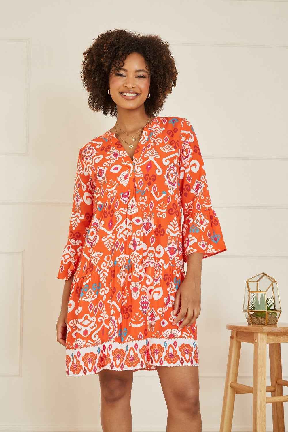 Yumi Orange Ikat Print 3/4 Sleeve Tunic Dress