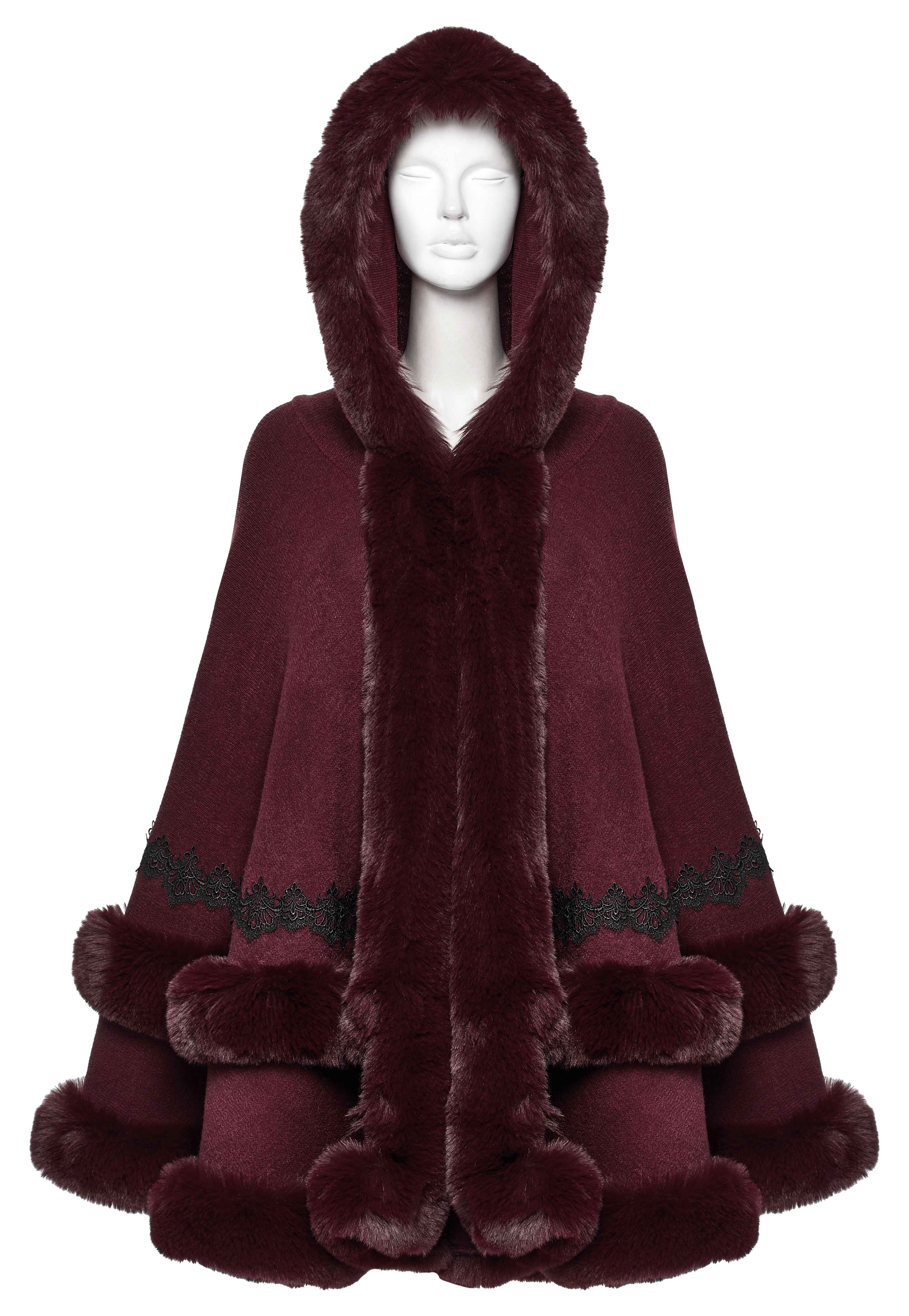 Punk Rave Isolde Faux Fur Trim Gothic Cloak Wine Red