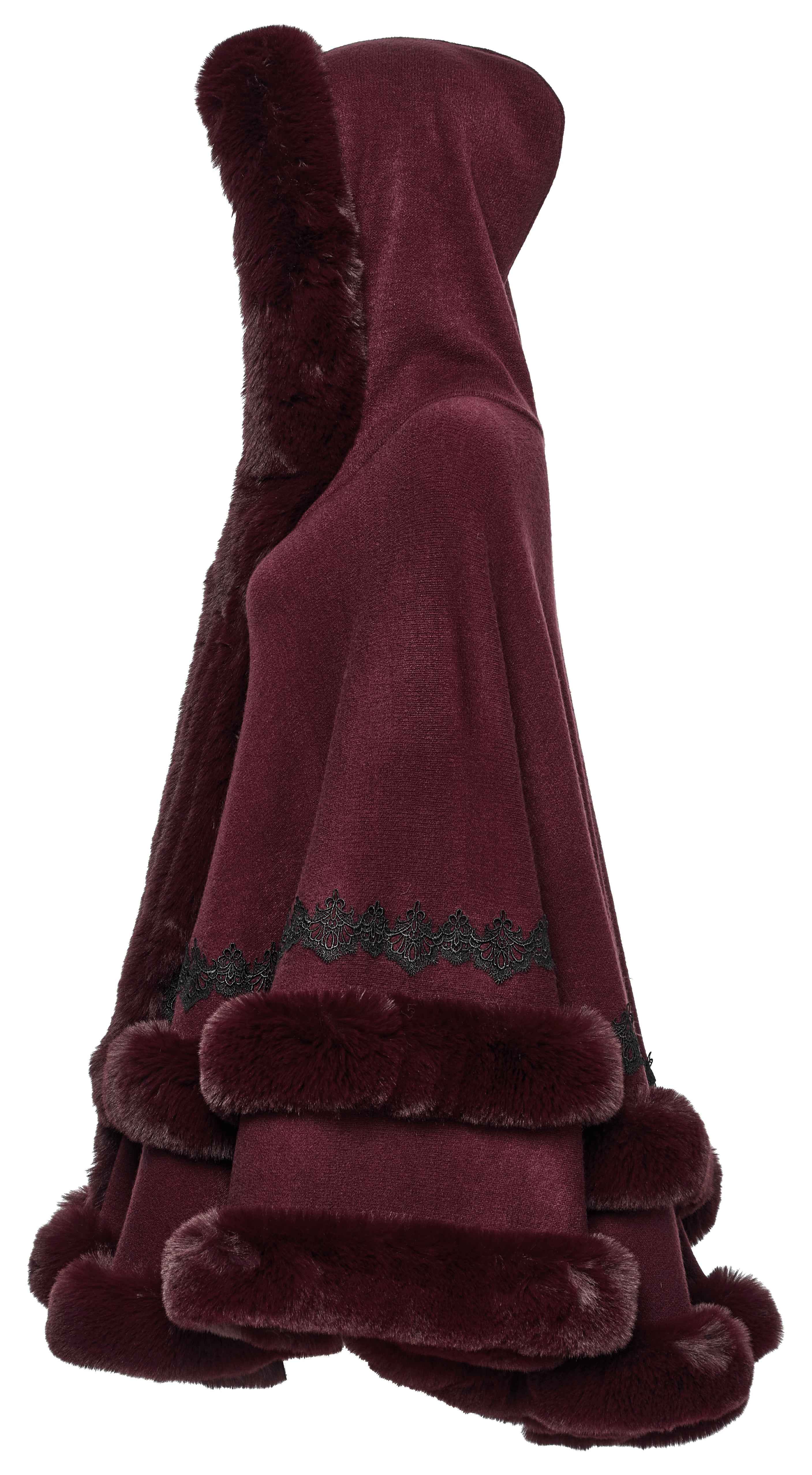Punk Rave Isolde Faux Fur Trim Gothic Cloak Wine Red
