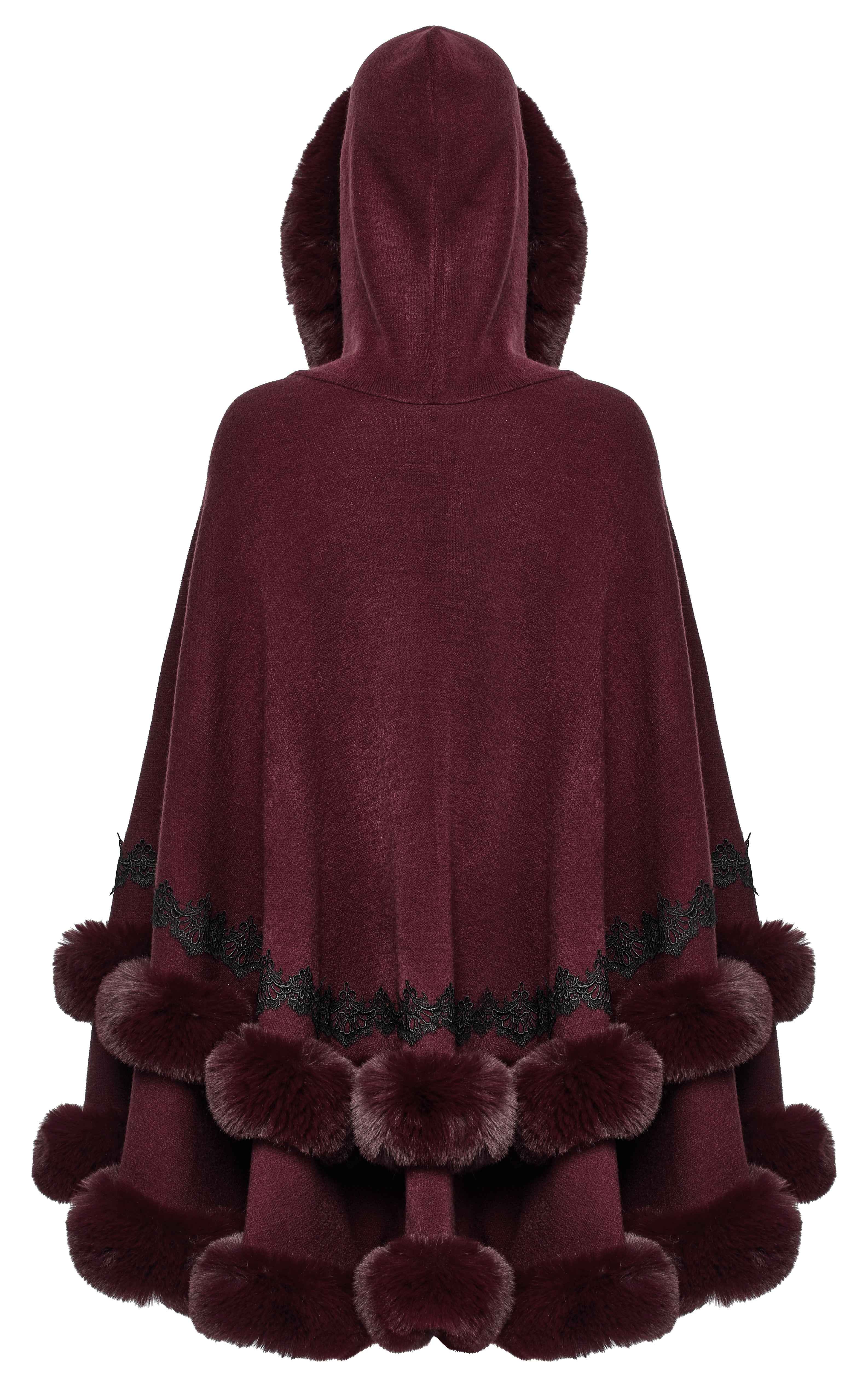 Punk Rave Isolde Faux Fur Trim Gothic Cloak Wine Red