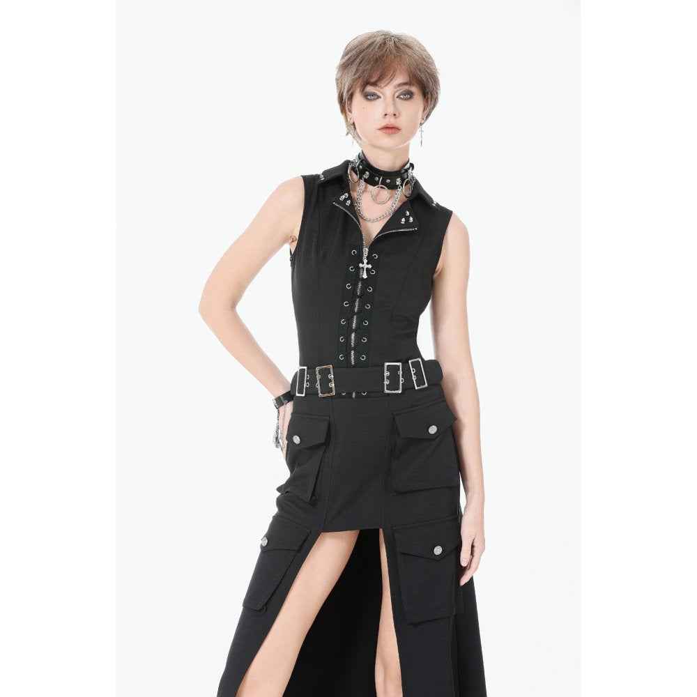 Dark in Love Punk Layered Pocket Cutout Belted Long Skirt