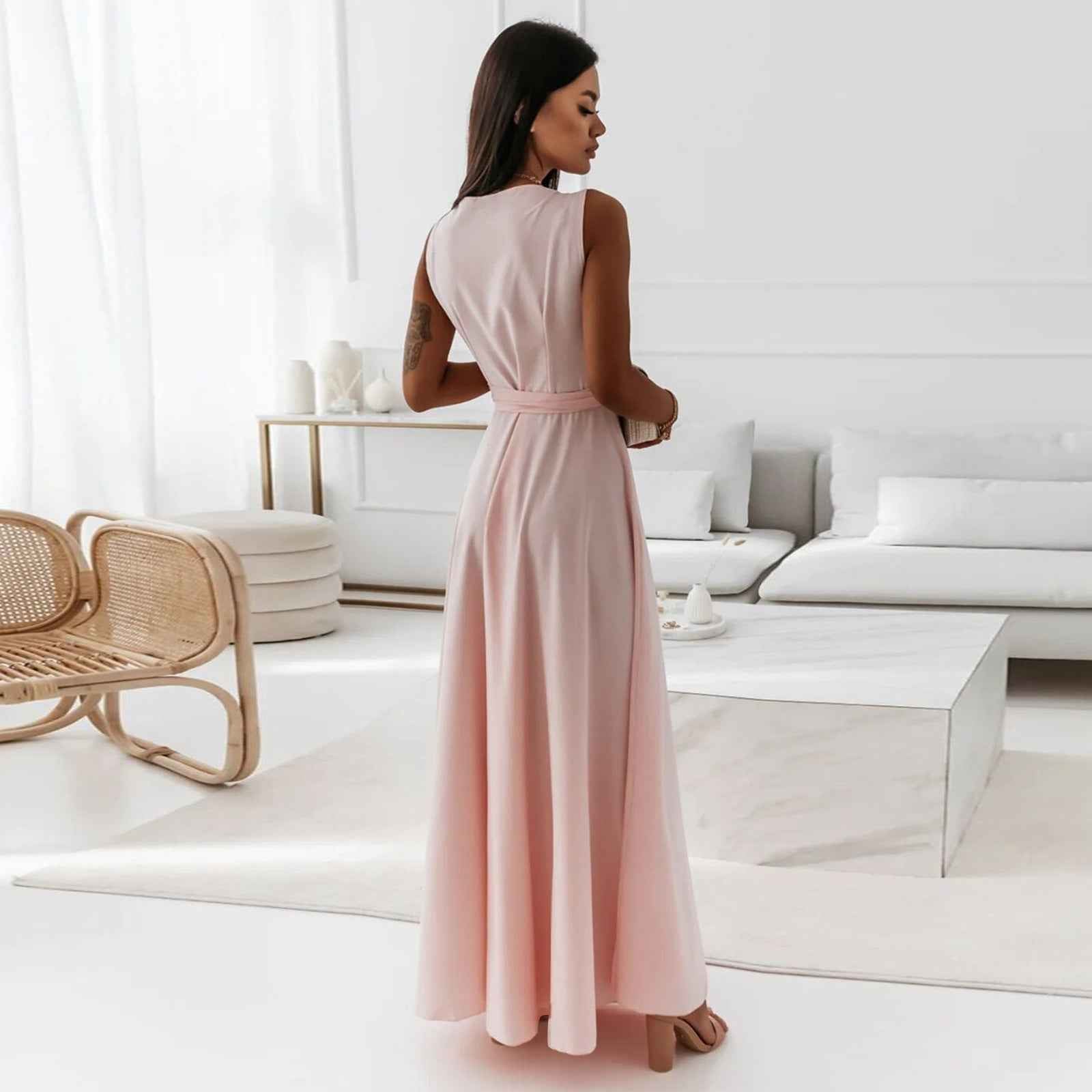 V-neck Sleeveless Dress With Belt Summer Fashion Party Club Evening Maxi Dresses For Women Clothing