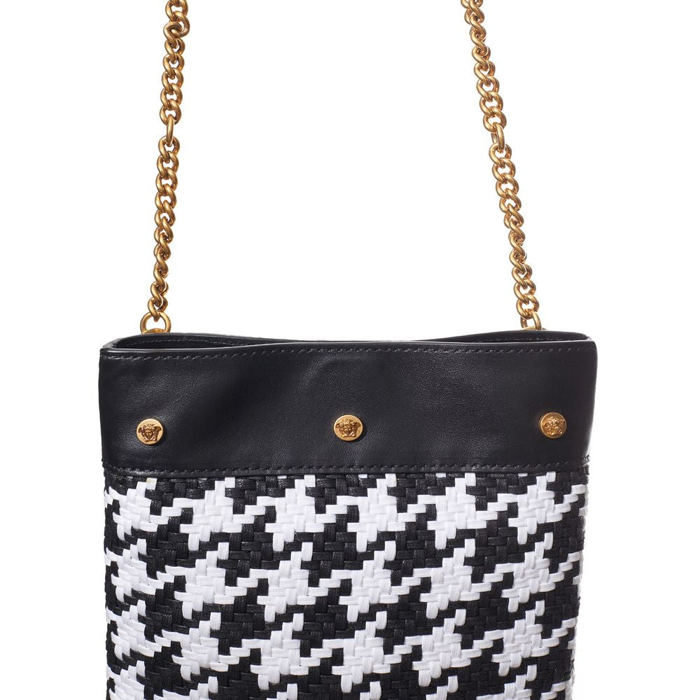 Versace Black And White Leather And Textile Shoulder Bag