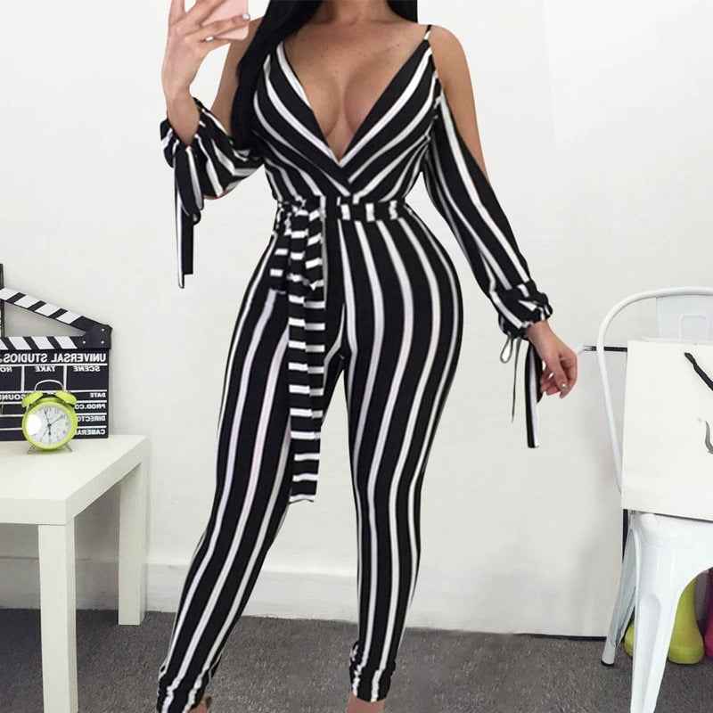 Deep V Leaky Back Straps Slim Fit Buttocks Striped Jumpsuit