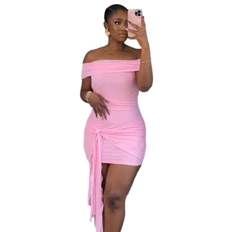 Mesh Patch Collar Solid Color Slim Fit Hip-wrapped Short Ribbon Dress