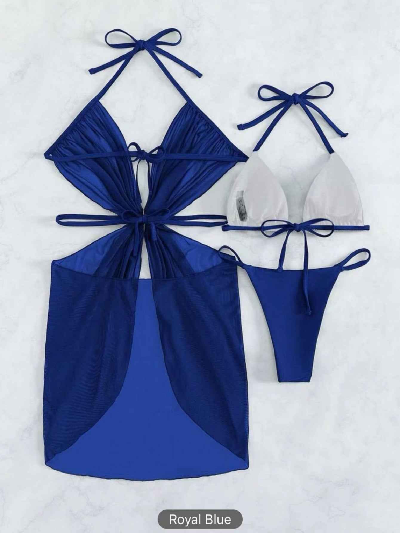 3pcs Halter Neck Bikini Beach Summer Solid Color Split Swimsuit Womens Clothing