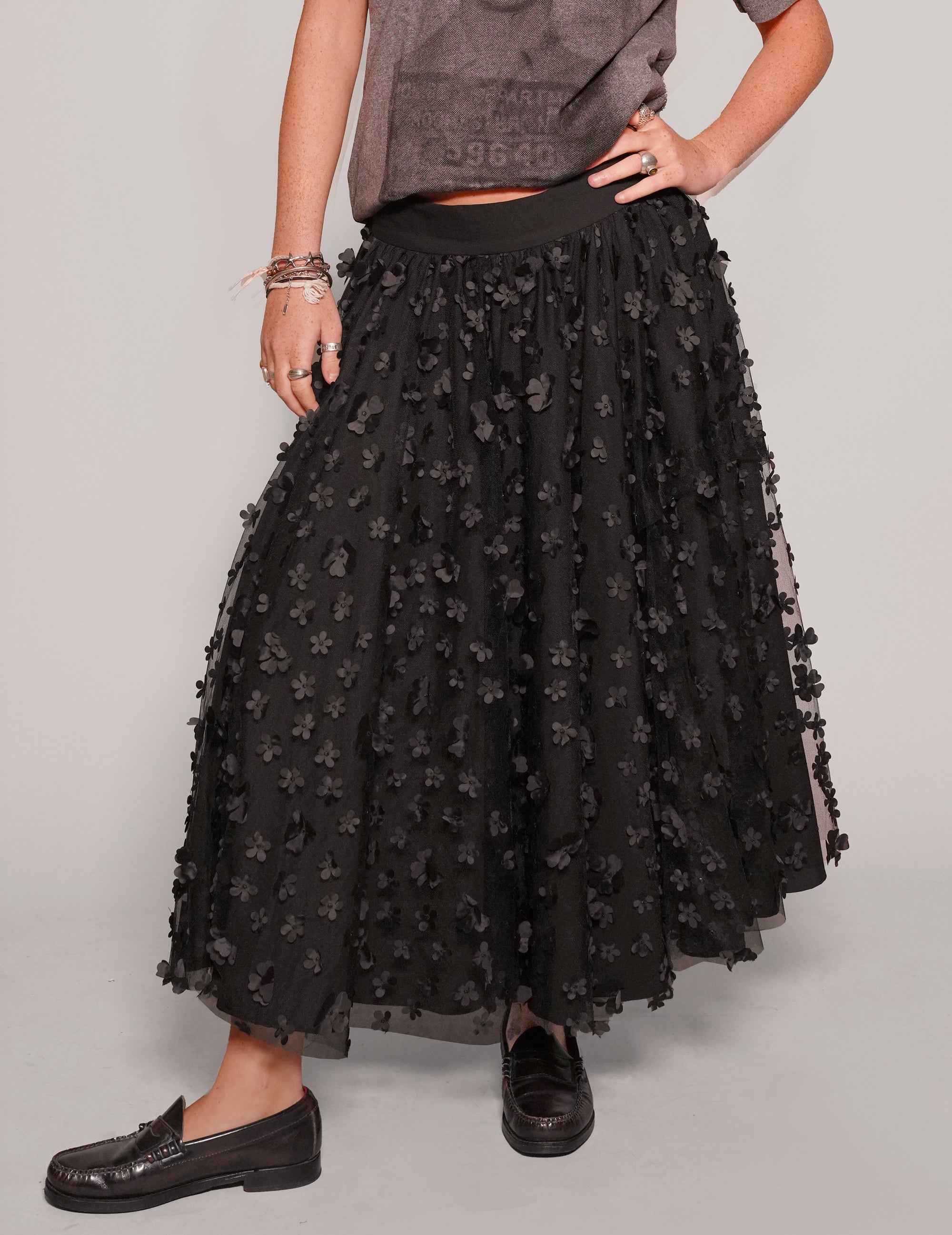 Mesh Maxi Skirt - Flower Pattern in Black