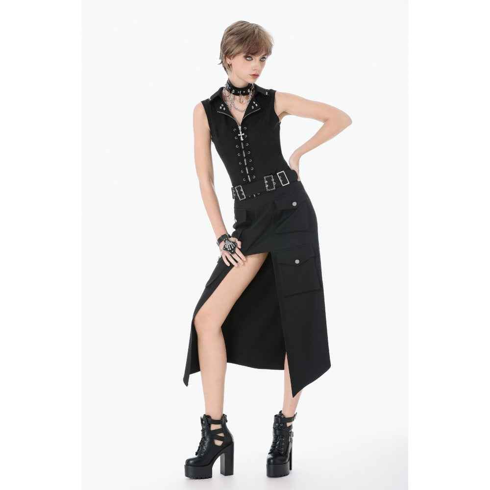 Dark in Love Punk Layered Pocket Cutout Belted Long Skirt