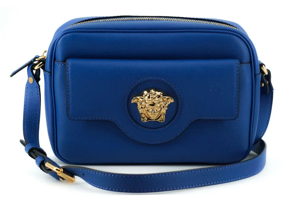 Borsa a tracolla Versace in pelle di vitello blu