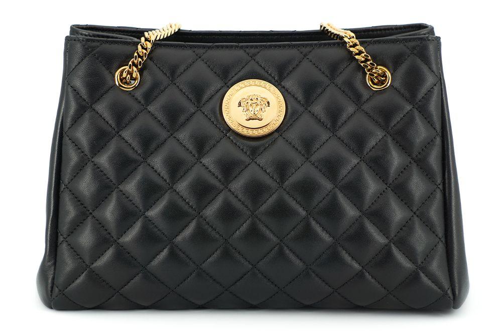 Versace Medusa Tote Handtasche aus schwarzem, gestepptem Nappa-Leder
