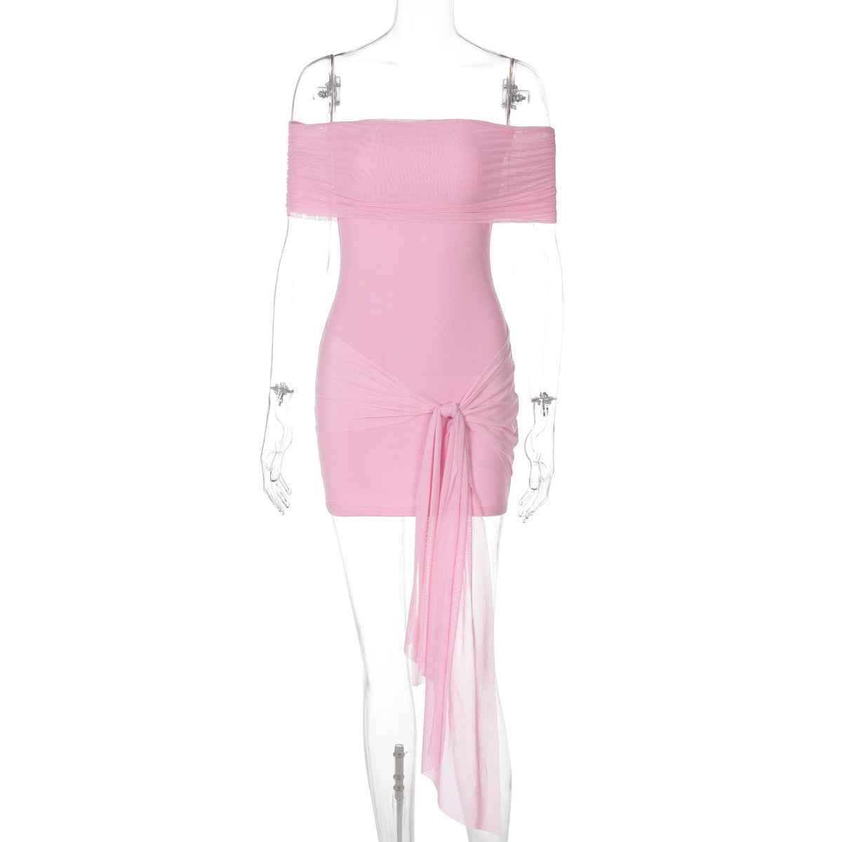 Mesh Patch Collar Solid Color Slim Fit Hip-wrapped Short Ribbon Dress