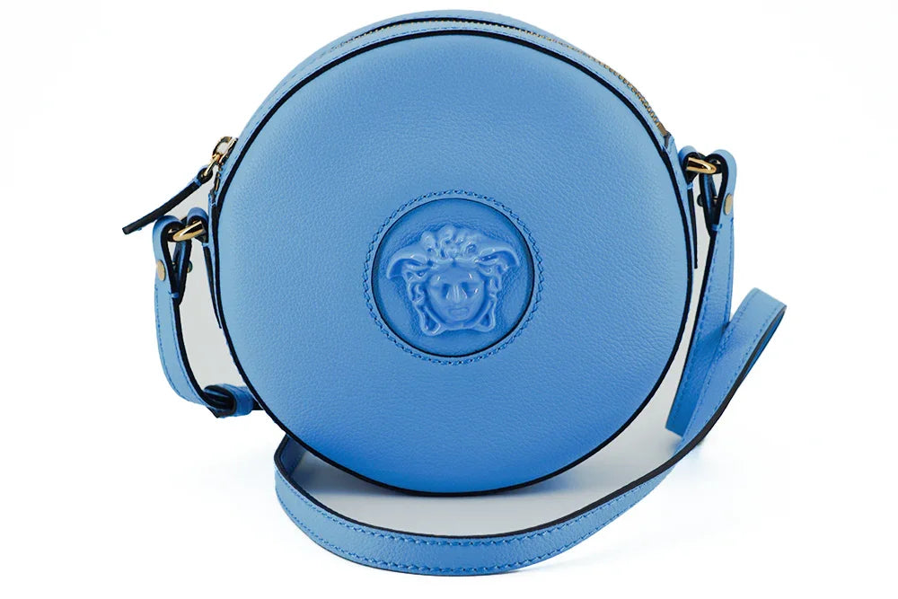 Borsa a tracolla rotonda in pelle di vitello blu Versace