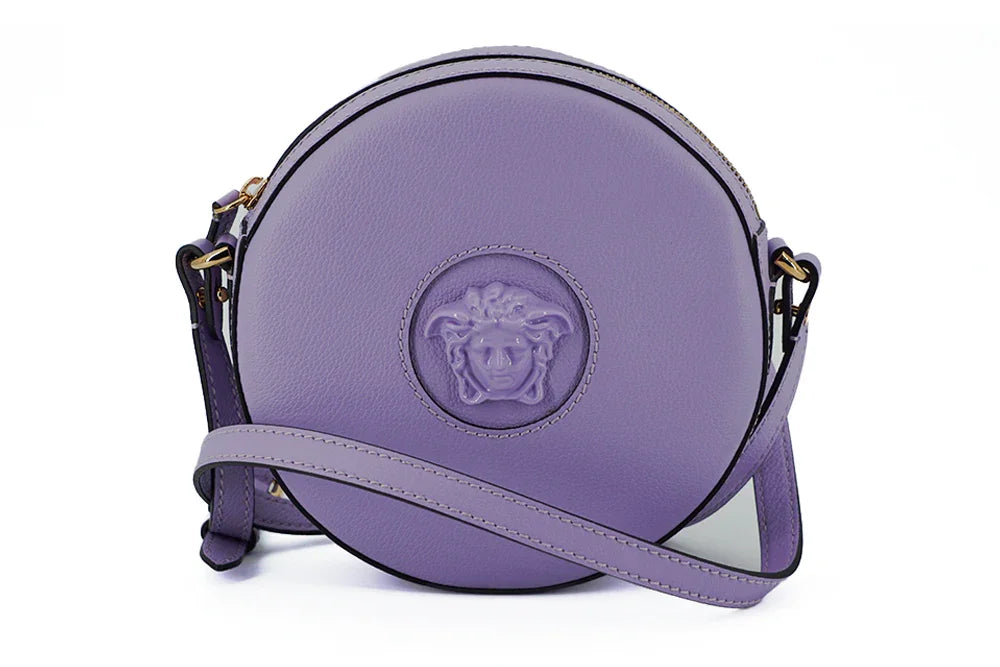 Borsa a tracolla rotonda in pelle di vitello viola Versace
