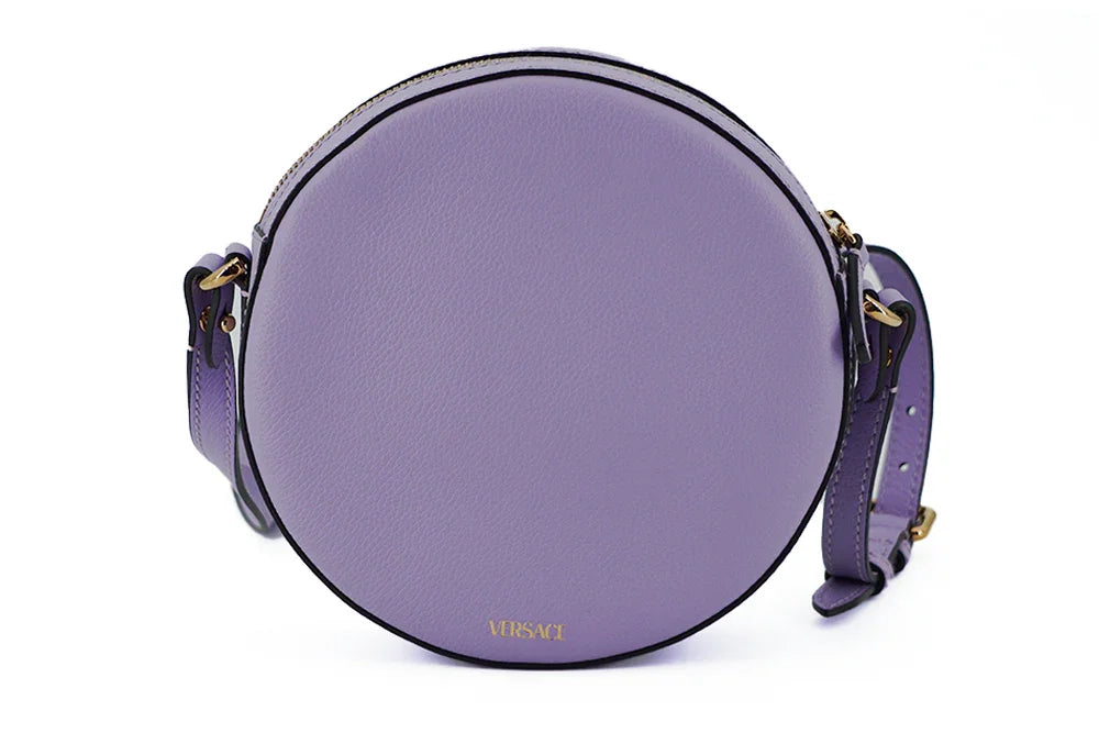 Borsa a tracolla rotonda in pelle di vitello viola Versace