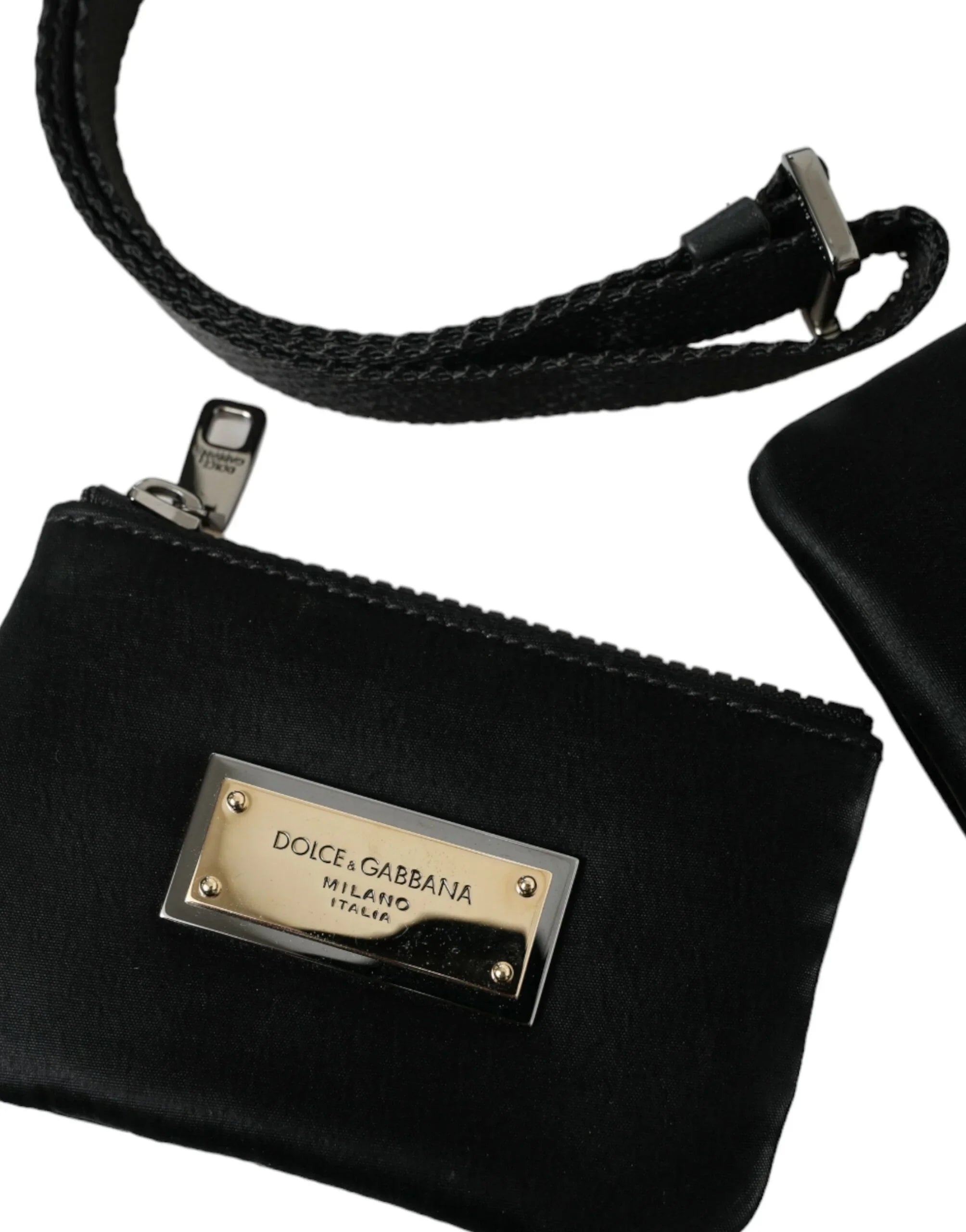 Dolce &amp; Gabbana Schwarze Nylon-Logo-Plakette Schlüsselanhänger-Tasche