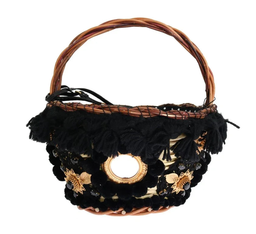 Dolce & Gabbana Beige Straw Snakeskin Pom Pom Crystal AGNESE Bag