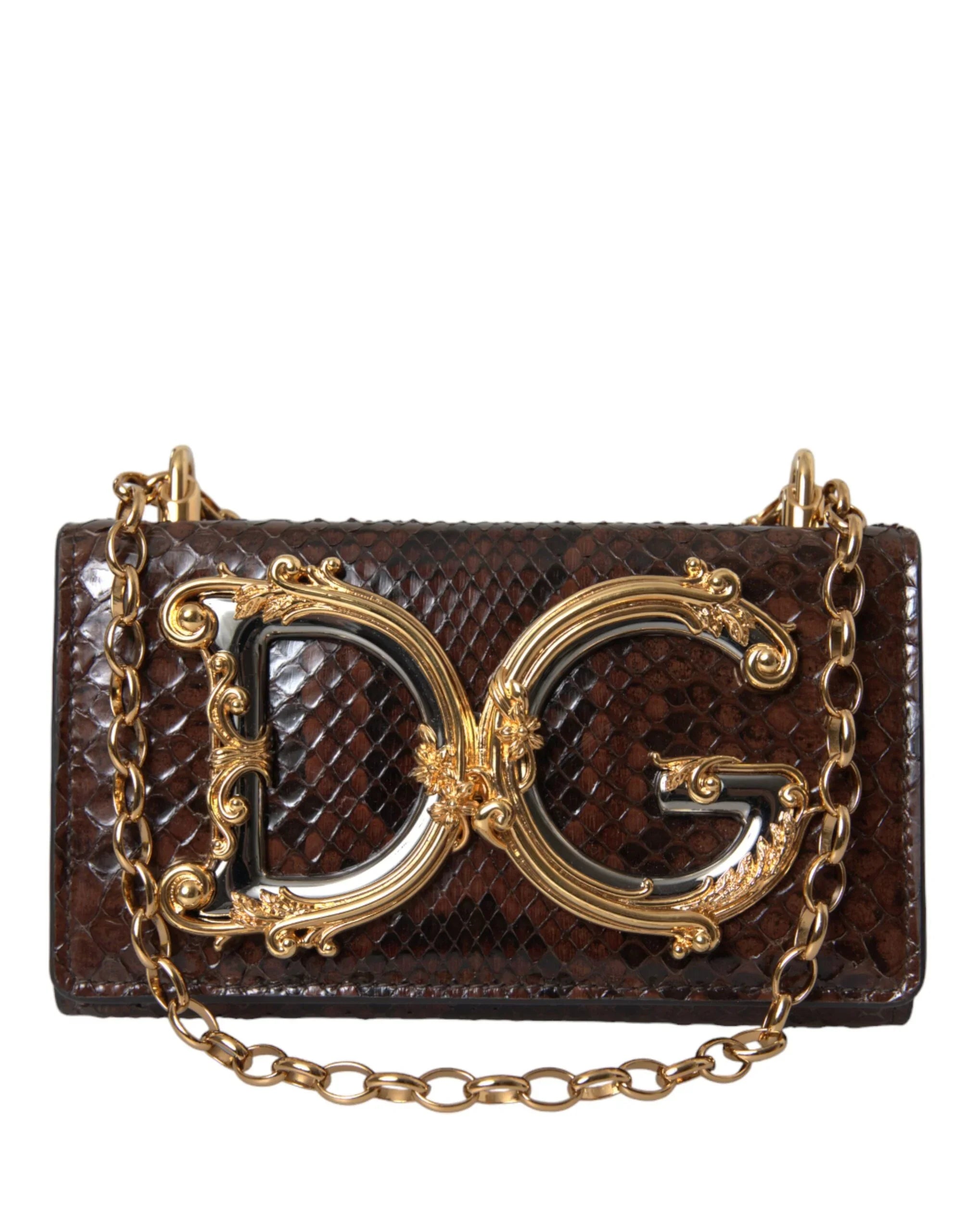 Borsa a tracolla per cellulare Dolce &amp; Gabbana in pelle di pitone marrone DG Girls