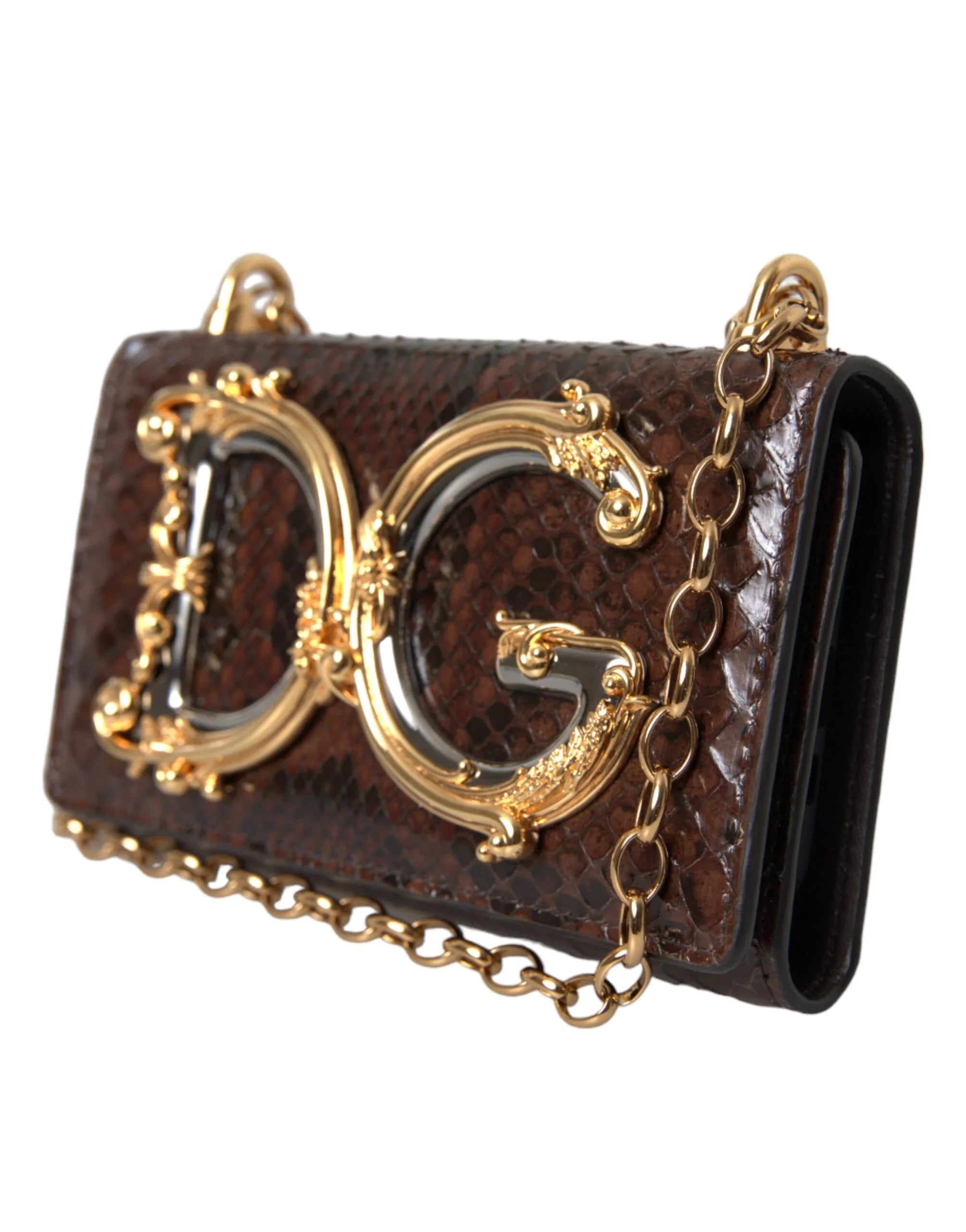 Borsa a tracolla per cellulare Dolce &amp; Gabbana in pelle di pitone marrone DG Girls