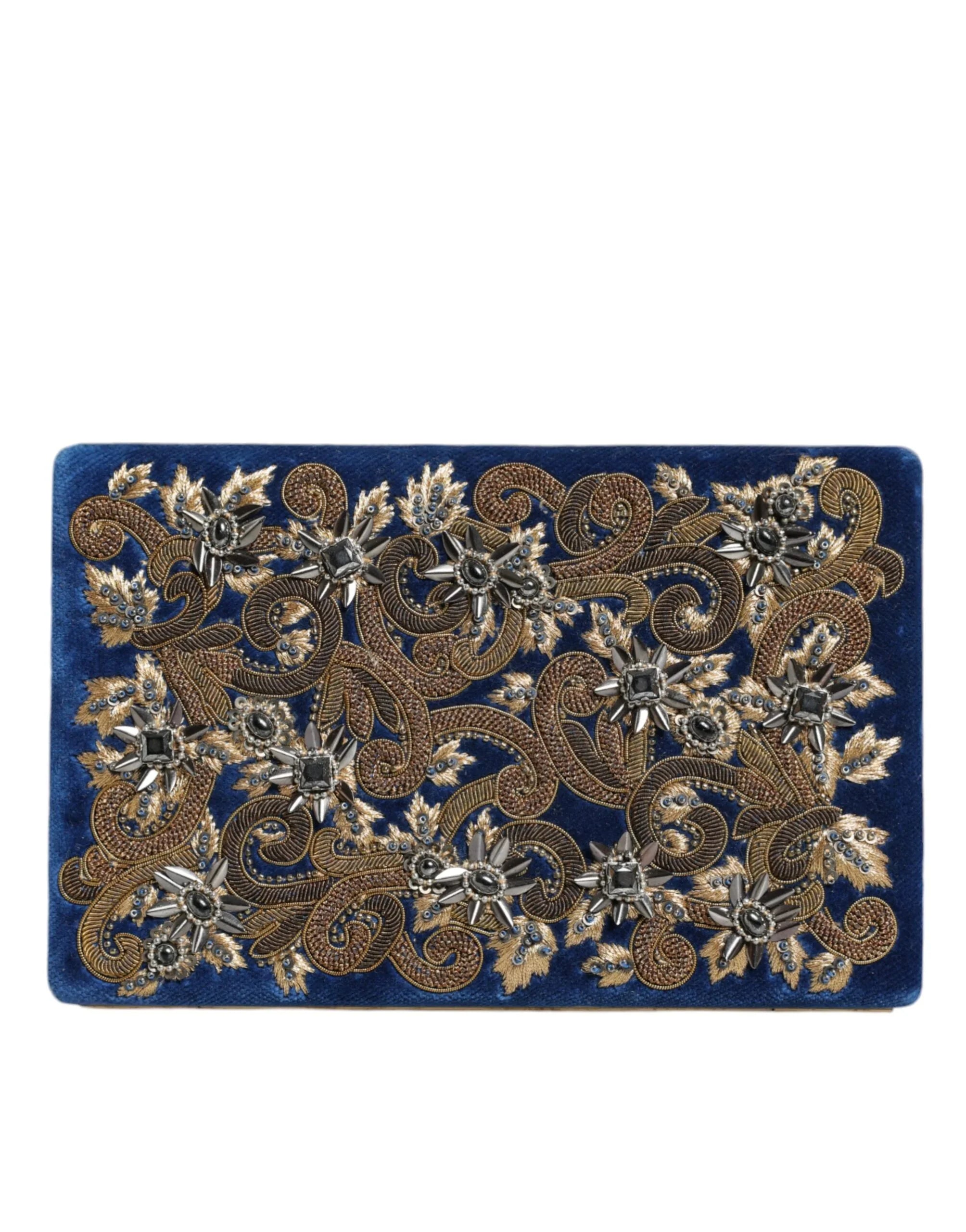 Dolce &amp; Gabbana Clutch aus blauem Samt mit goldenem Rahmen, Abendtasche