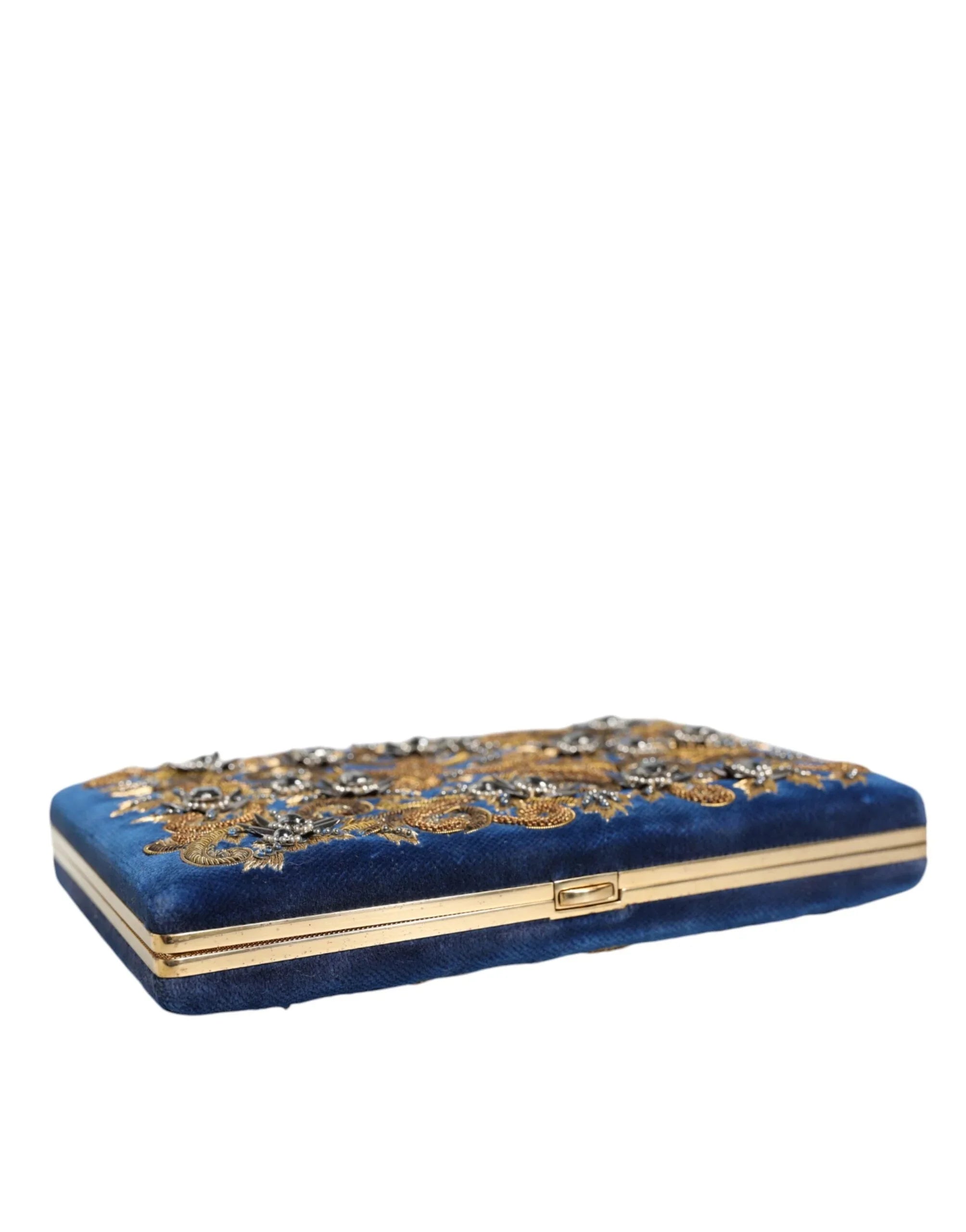 Dolce &amp; Gabbana Clutch aus blauem Samt mit goldenem Rahmen, Abendtasche