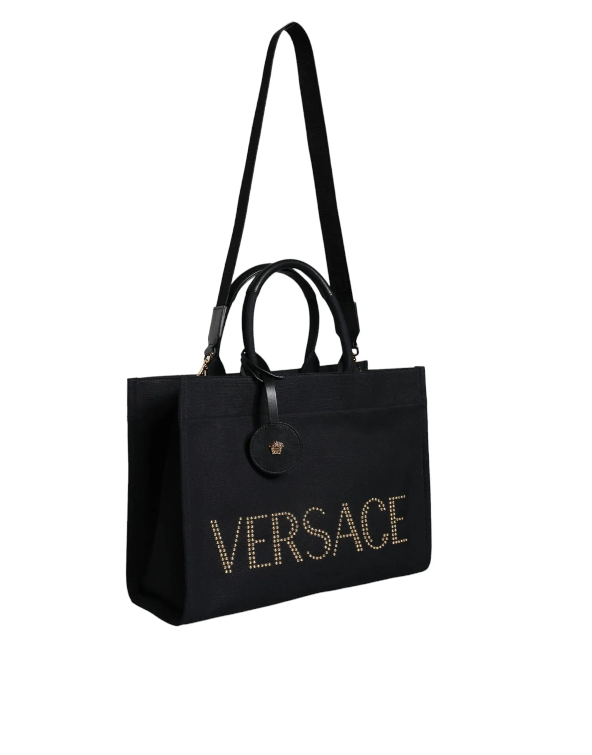 Borsa a tracolla Versace in tela e pelle nera con logo e manico superiore