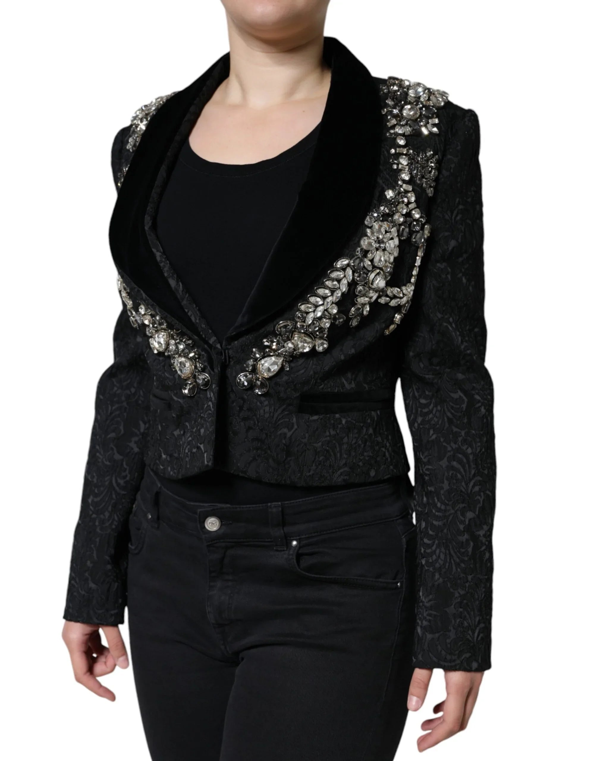 Dolce &amp; Gabbana Blazer mit schwarzem Jacquard-Kristall-Blumenmuster