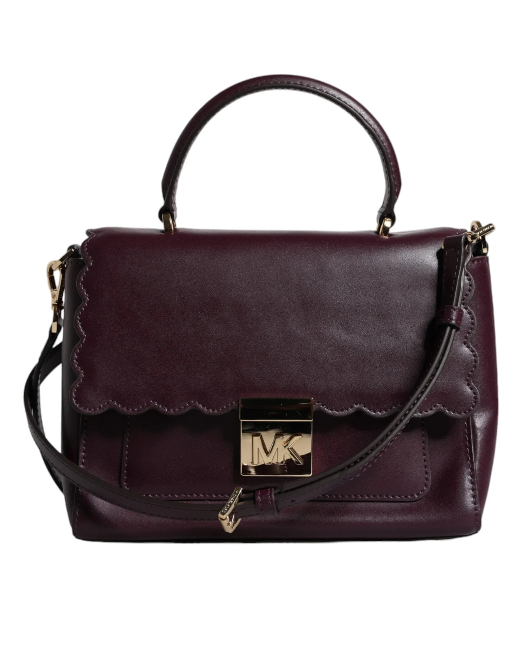 Borsa a tracolla MINDY Satchel con placca logo in pelle viola di Michael Kors