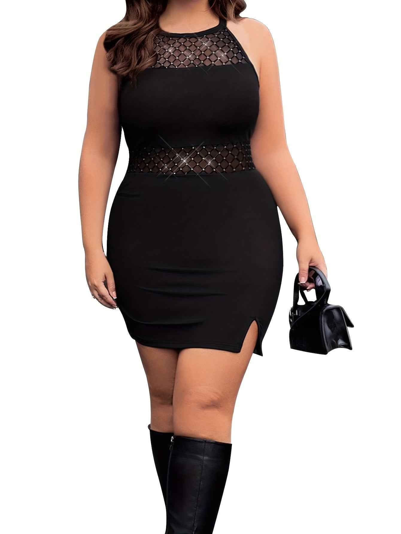 Elegant Plus Size Black Rhinestone Midi Dress