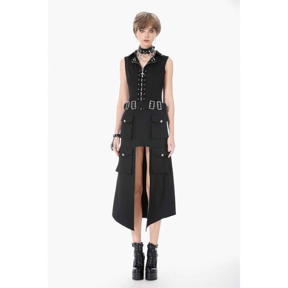 Dark in Love Punk Layered Pocket Cutout Belted Long Skirt