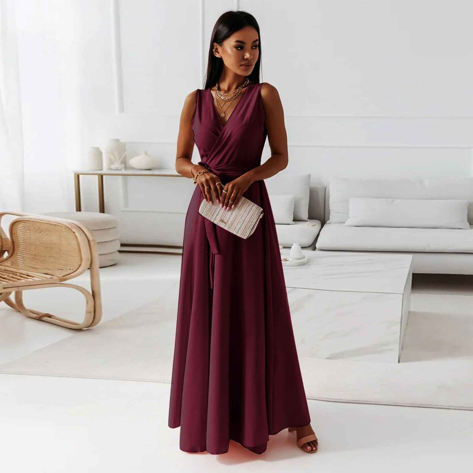 V-neck Sleeveless Dress With Belt Summer Fashion Party Club Evening Maxi Dresses For Women Clothing