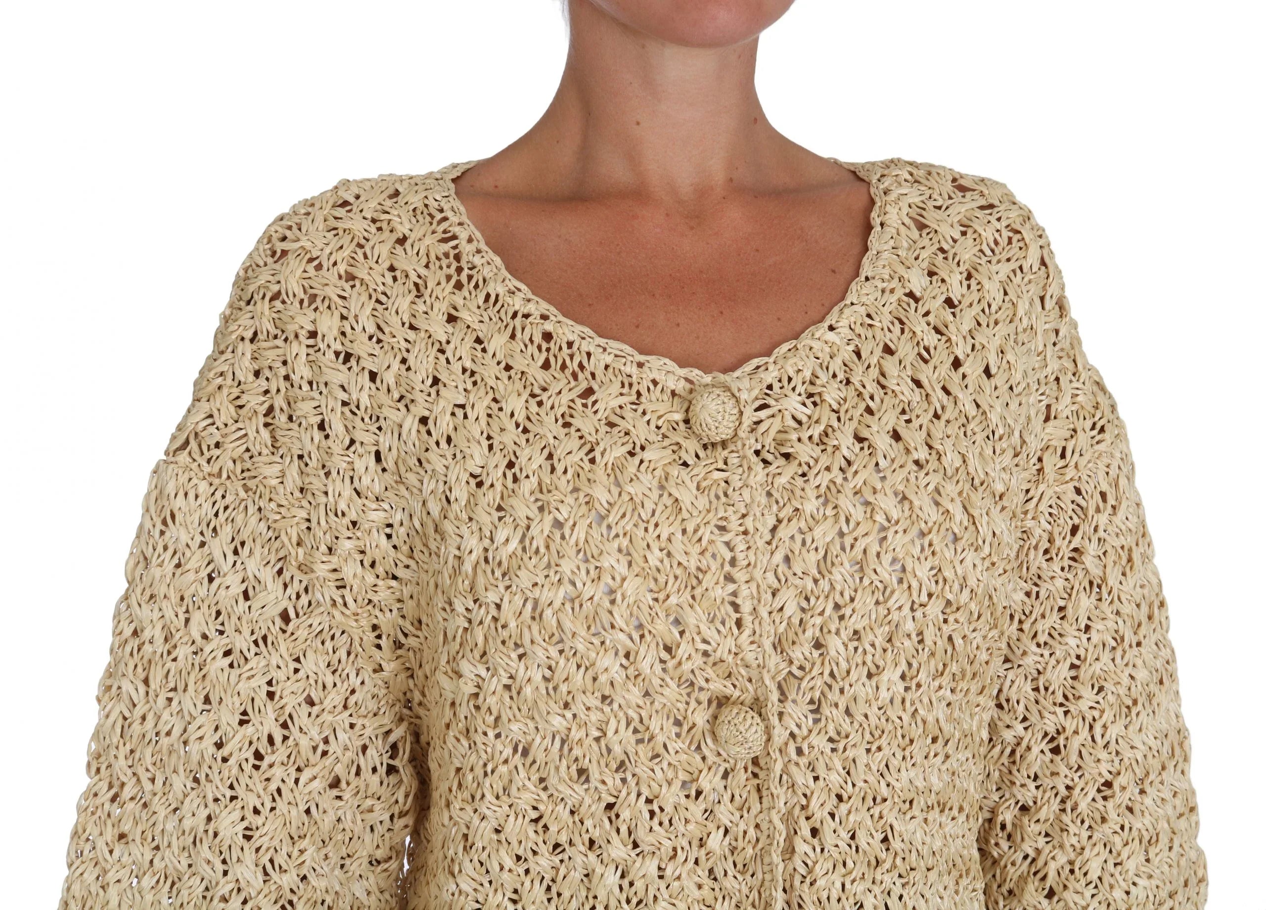 Dolce & Gabbana Beige Cardigan Crochet Knitted Raffia Sweater