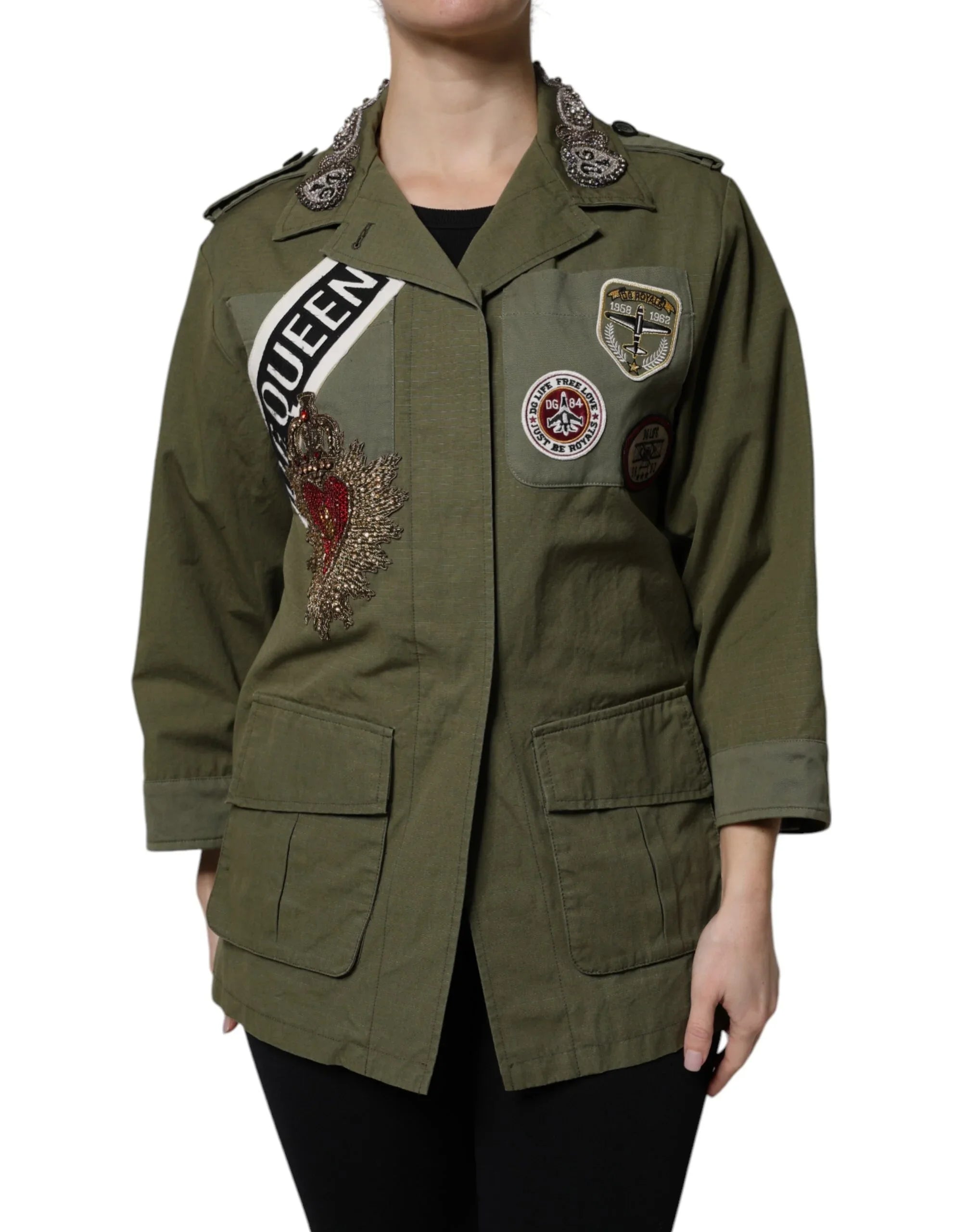 Dolce & Gabbana Military Green Queen Embellished Coat Jacket