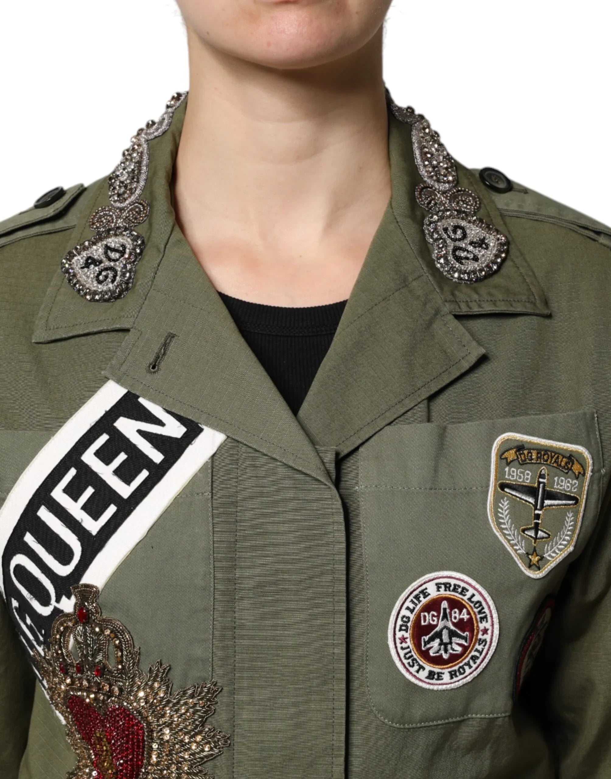 Dolce &amp; Gabbana Giacca con cappuccio e decorazioni Queen verde militare