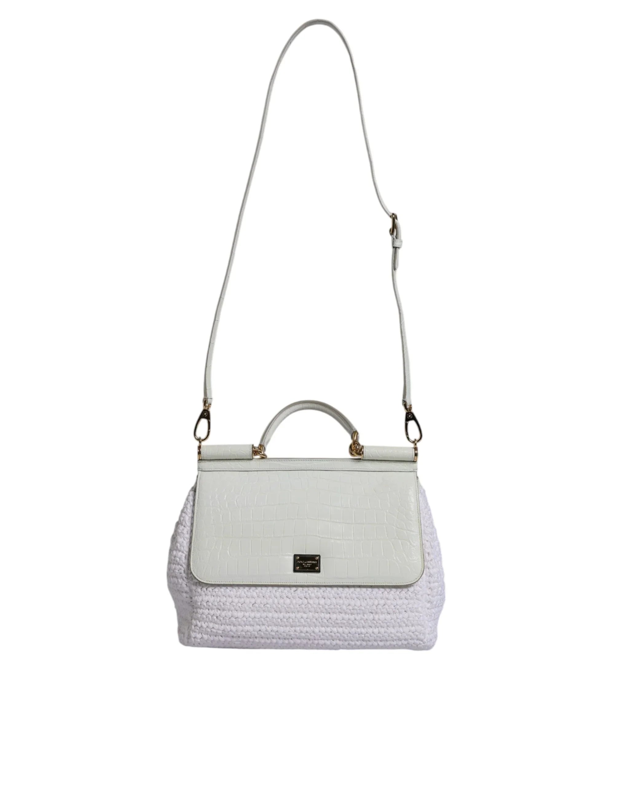 Dolce & Gabbana White Rafia Leather Top Handle Crossbody Bag