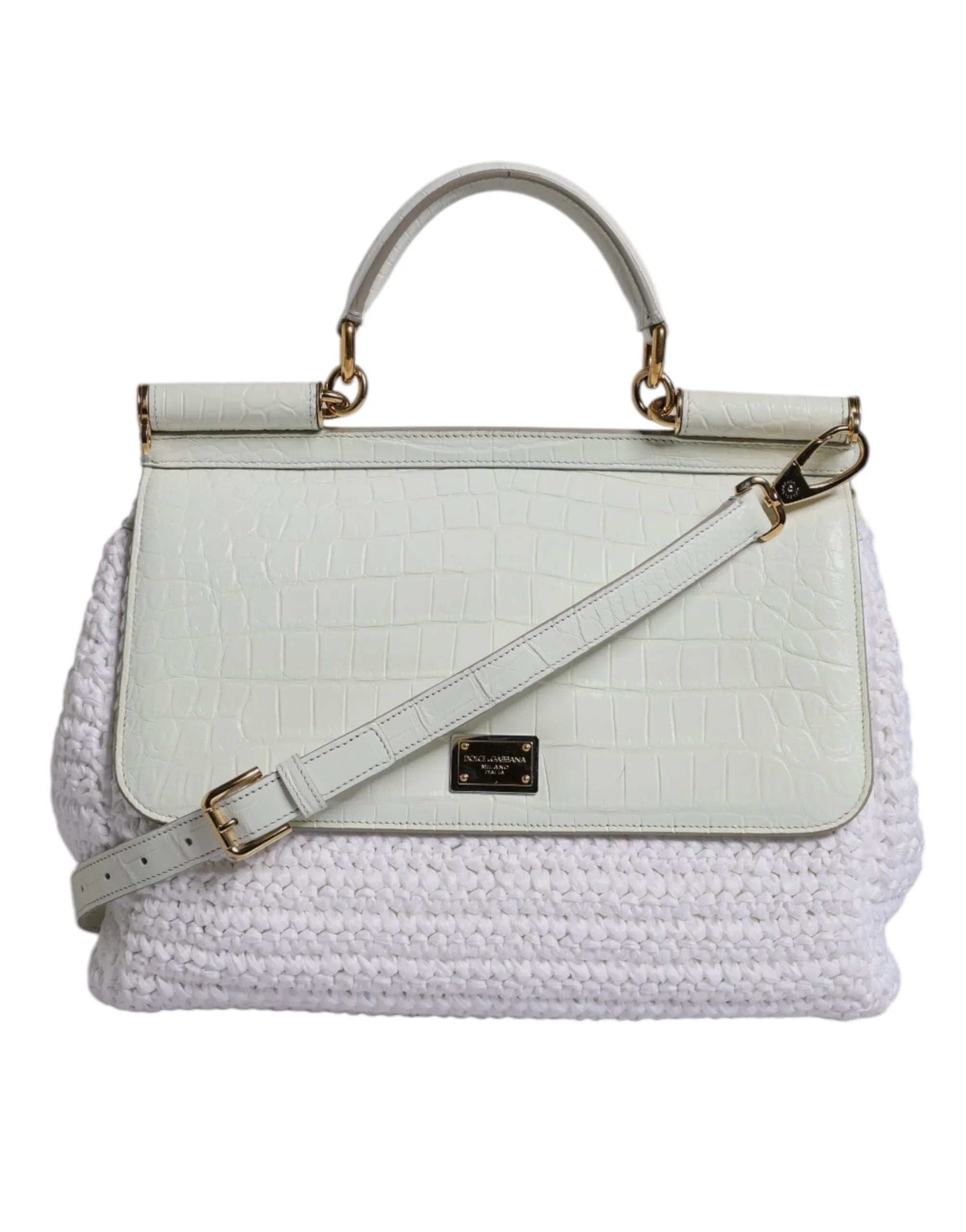 Dolce & Gabbana White Rafia Leather Top Handle Crossbody Bag