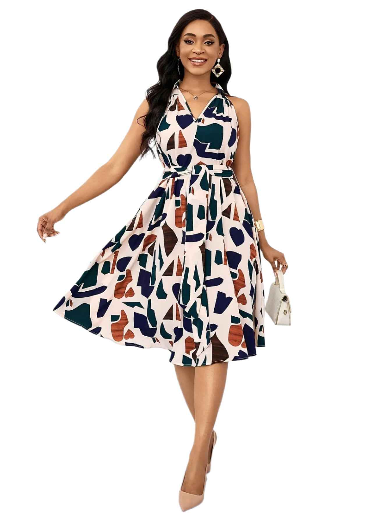 Elegant Geometric Print V-Neck Sleeveless Dress for Women