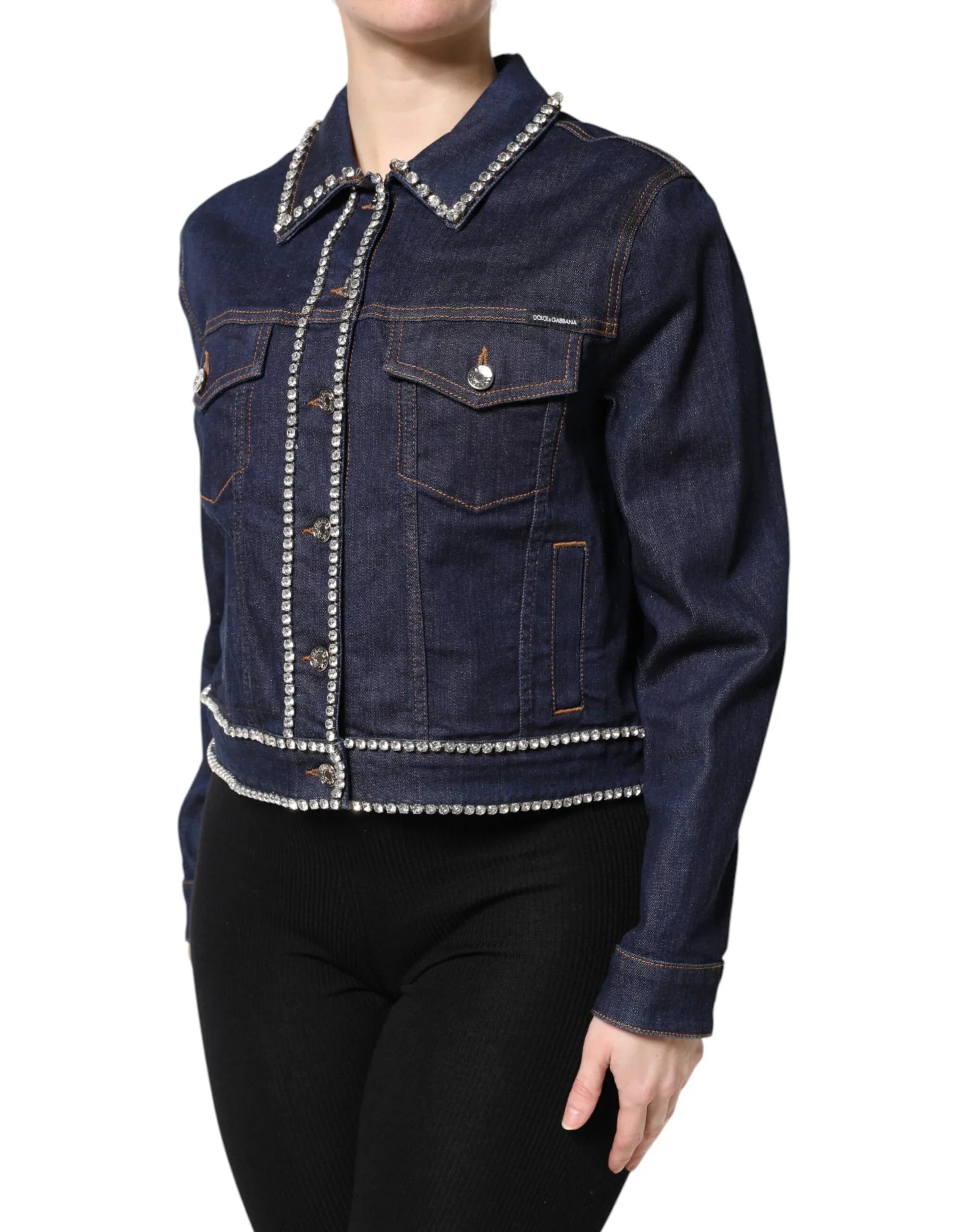 Dolce &amp; Gabbana Jacke aus blauem Denim-Baumwollstoff mit Kristallverzierungen