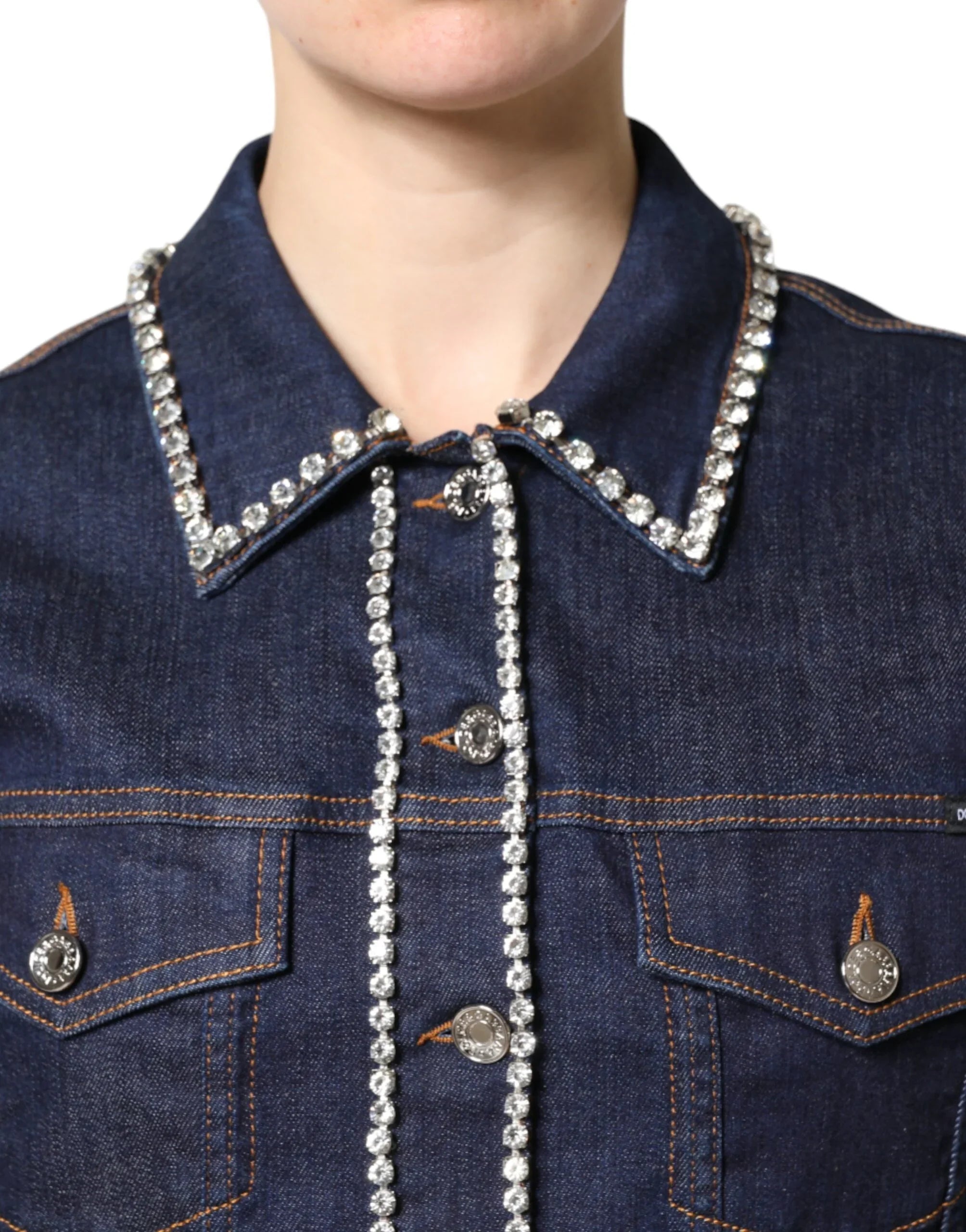 Dolce &amp; Gabbana Jacke aus blauem Denim-Baumwollstoff mit Kristallverzierungen